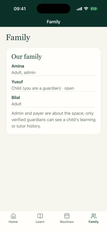 The Family tab: Amina as admin, Yusuf as a child with you as guardian, and Bilal as an adult