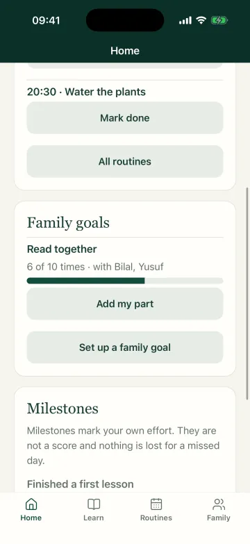 A family goal, Read together, at six of ten times with Bilal and Yusuf, and an Add my part button