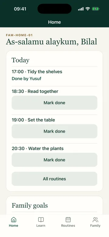 The Darb Family home screen: today’s routines, one done by Yusuf, with Mark done buttons for the rest