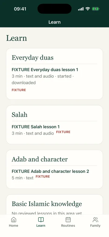 The Learn tab listing learning areas with sample lessons marked FIXTURE