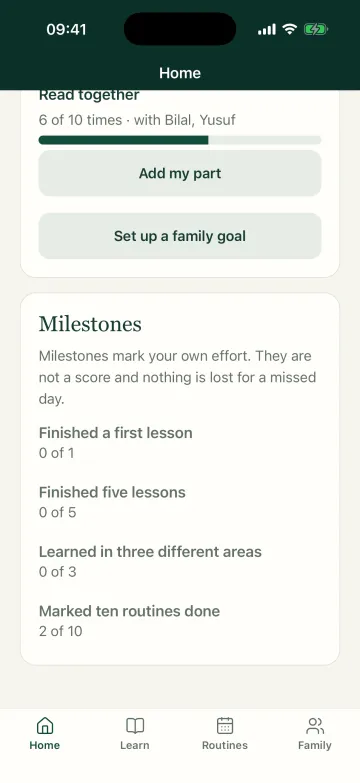 Personal milestones: finished a first lesson, five lessons, three areas, and two of ten routines done