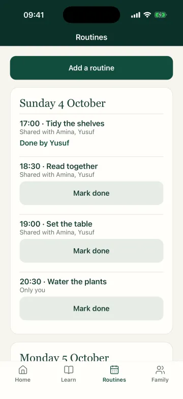The Routines tab for Sunday 4 October: four routines, three shared with Amina and Yusuf and one personal