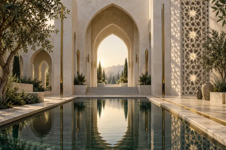 Illustration of a sunlit courtyard with pointed arches and a reflecting pool
